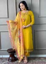 Chanderi Yellow Casual Wear Embroidery Work Readymade Straight Suit